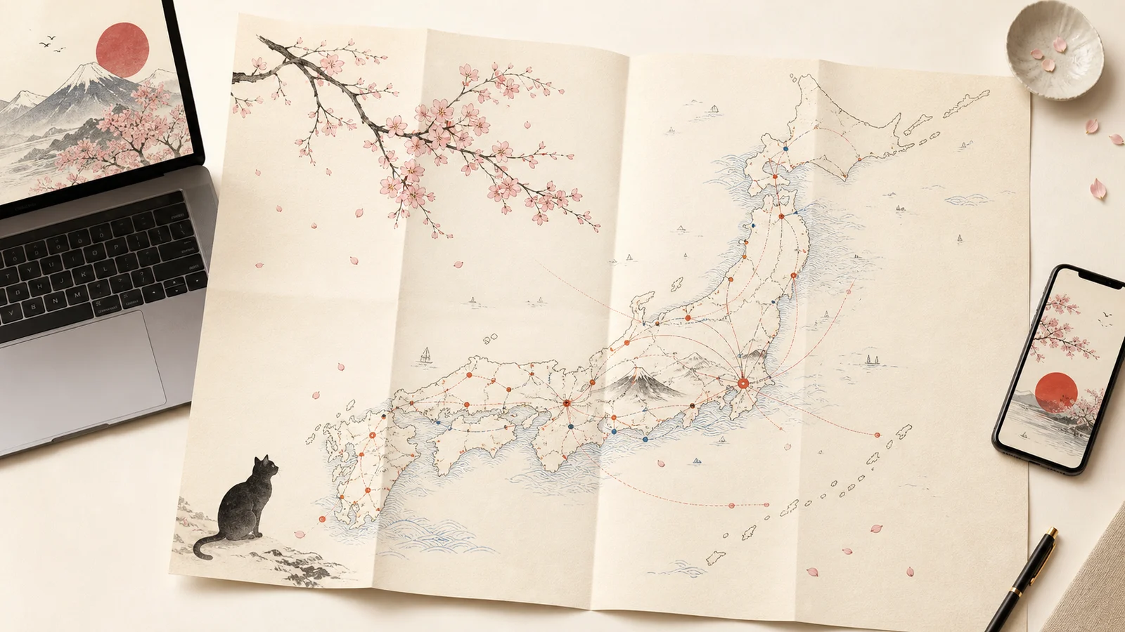 樱花、猫咪与日本区域连接地图旁的笔记本电脑和手机